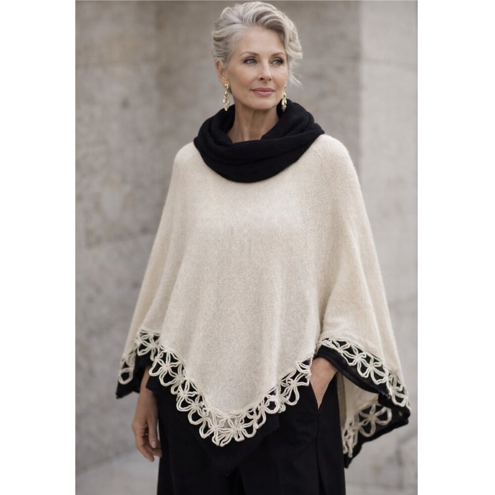 PERU ETNICO 100% Baby Alpaca Poncho Sweater Mock Neck Crochet O/S Ethnic Boho